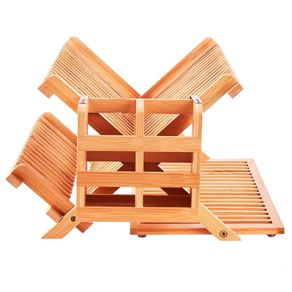 KAEASOUS Foldable Bamboo Dish Rack, 3-Tier Wooden Dish Drainer & Utensil Holder for Kitchen - Large Countertop Drying Rack for Dishes and Plates, Natural Compact Storage