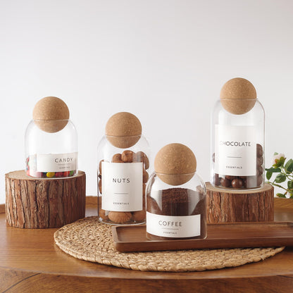 GENSTEUO Glass Jars with Cork Lids, 3 Pack Small Decorative Jars with Acacia Tray, Bathroom Qtip and Cotton Ball Holder Set, Cute Coffee Bar Containers for Sugar Candy Tea, Apothecary Jars (17oz)