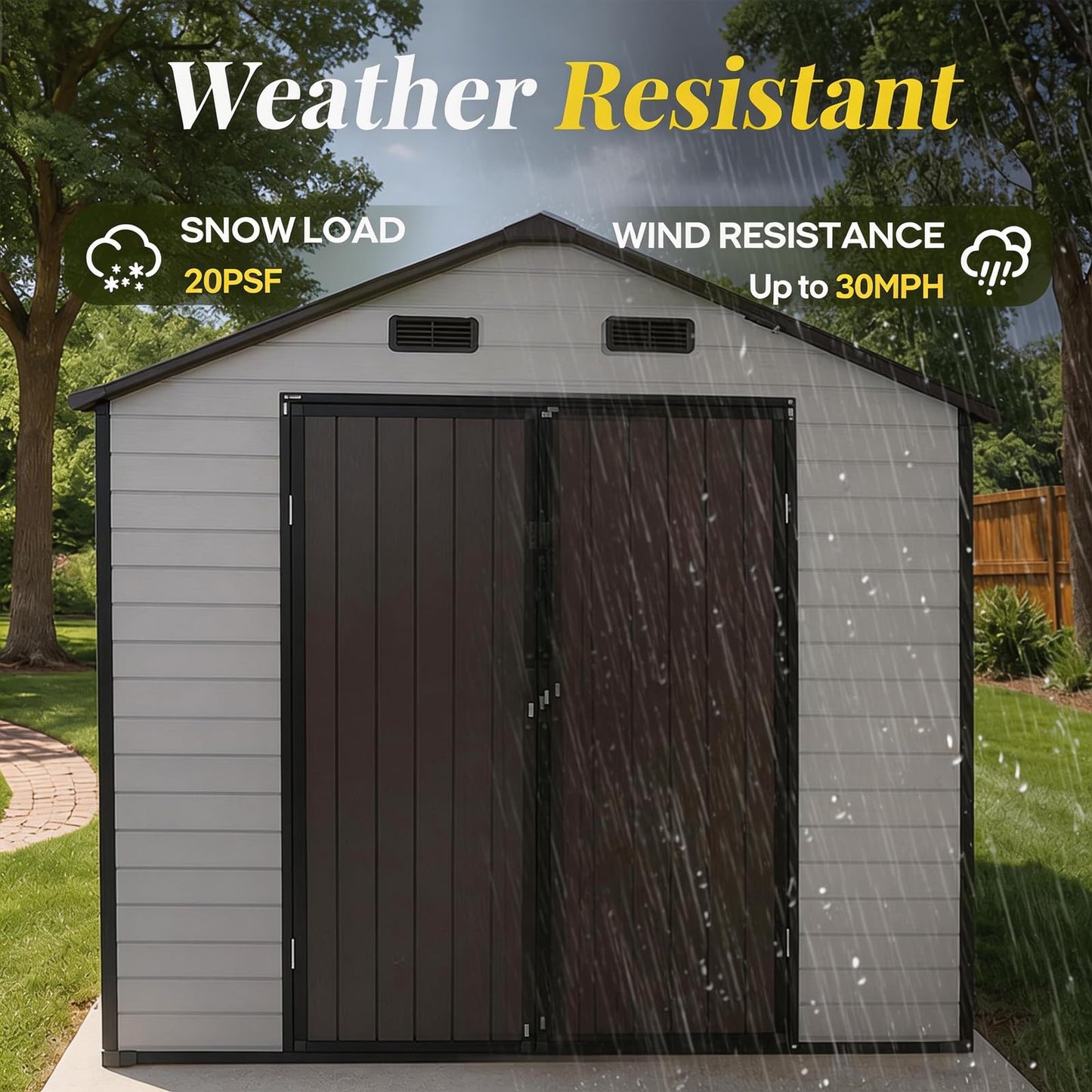 FammyLoft 8x8 FT Heavy Duty Resin Shed with Floor, Waterproof Outdoor Storage Shed with 2 Windows & 4 Vents, Lockable Door for Backyard, Garden, Patio, Bikes Brown White