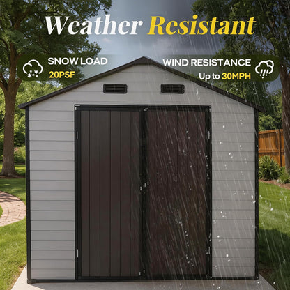 FammyLoft 8x8 FT Heavy Duty Resin Shed with Floor, Waterproof Outdoor Storage Shed with 2 Windows & 4 Vents, Lockable Door for Backyard, Garden, Patio, Bikes Brown White