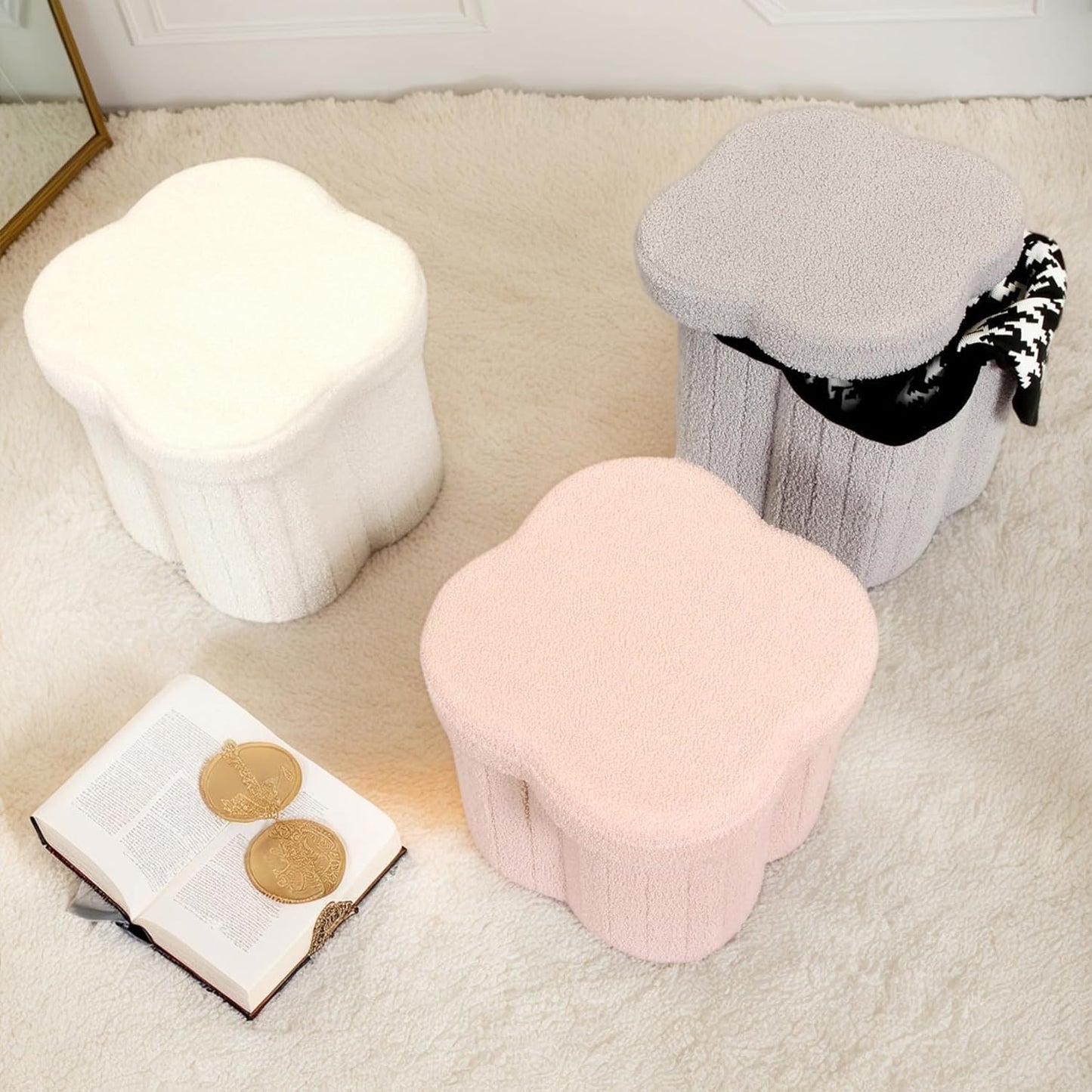 12.6" Small Ottoman with Storage, Flowers Shaped Foldable Foot Rest for Dorm Room, Living Room - Compact Organizer