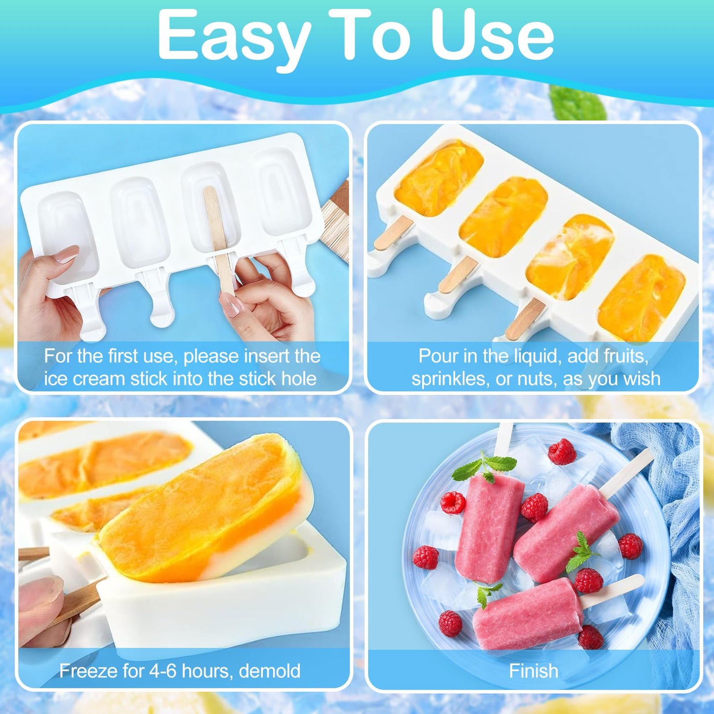 3 Set Small Silicone Popsicle Molds Ice Cream Mould 4 Cavity Ice Lolly Mold White Oval Cake Pop Mould with 150 Pieces Wooden Sticks for DIY Cream Popsicle Cake