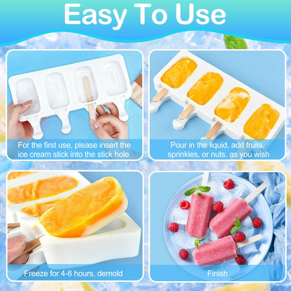 3 Set Small Silicone Popsicle Molds Ice Cream Mould 4 Cavity Ice Lolly Mold White Oval Cake Pop Mould with 150 Pieces Wooden Sticks for DIY Cream Popsicle Cake