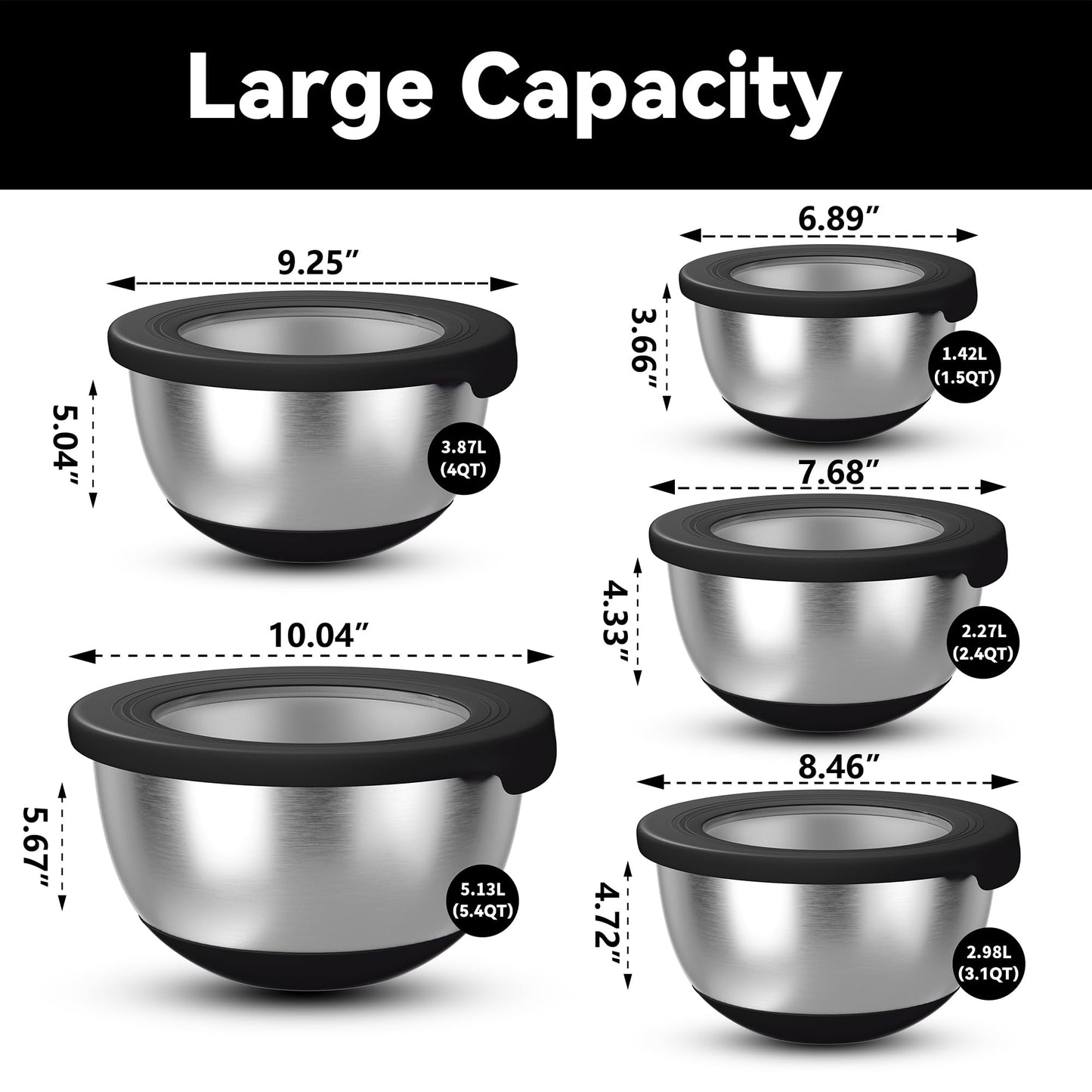KITEISCAT Stainless Steel Mixing Bowls with Lids – Set of 5 Large Nesting Metal Bowls for Kitchen, Baking, Cooking, Food Prep & Storage, Non-Slip Base, Dishwasher Safe,Black