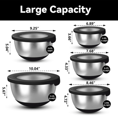 KITEISCAT Stainless Steel Mixing Bowls with Lids – Set of 5 Large Nesting Metal Bowls for Kitchen, Baking, Cooking, Food Prep & Storage, Non-Slip Base, Dishwasher Safe,Black