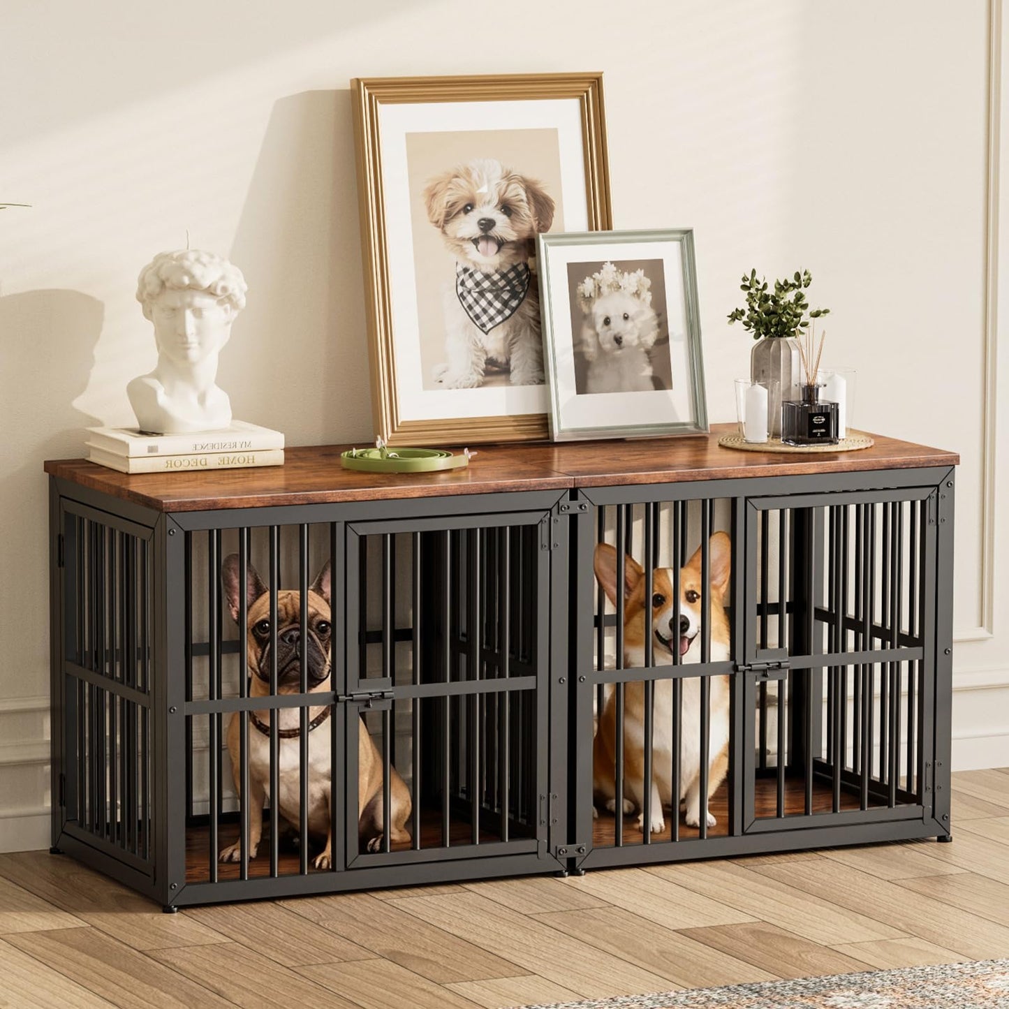 Lyromix 54'' Dog Crate Furniture with Double Rooms,Wooden Crate End Table Heavy Duty Indoor Puppy Cage for 2 Small Dogs, Multiple Units Can be Combined, Rustic Brown
