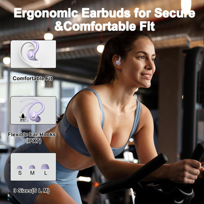 Wireless Earbuds Bluetooth 5.3 Headphones Sports, 48H Over Ear Buds with ENC Mic, Stereo Deep Bass Bluetooth Earbuds with Secure Earhooks, LED Display, IPX7 Waterproof Earphone for Running/Gym Purple