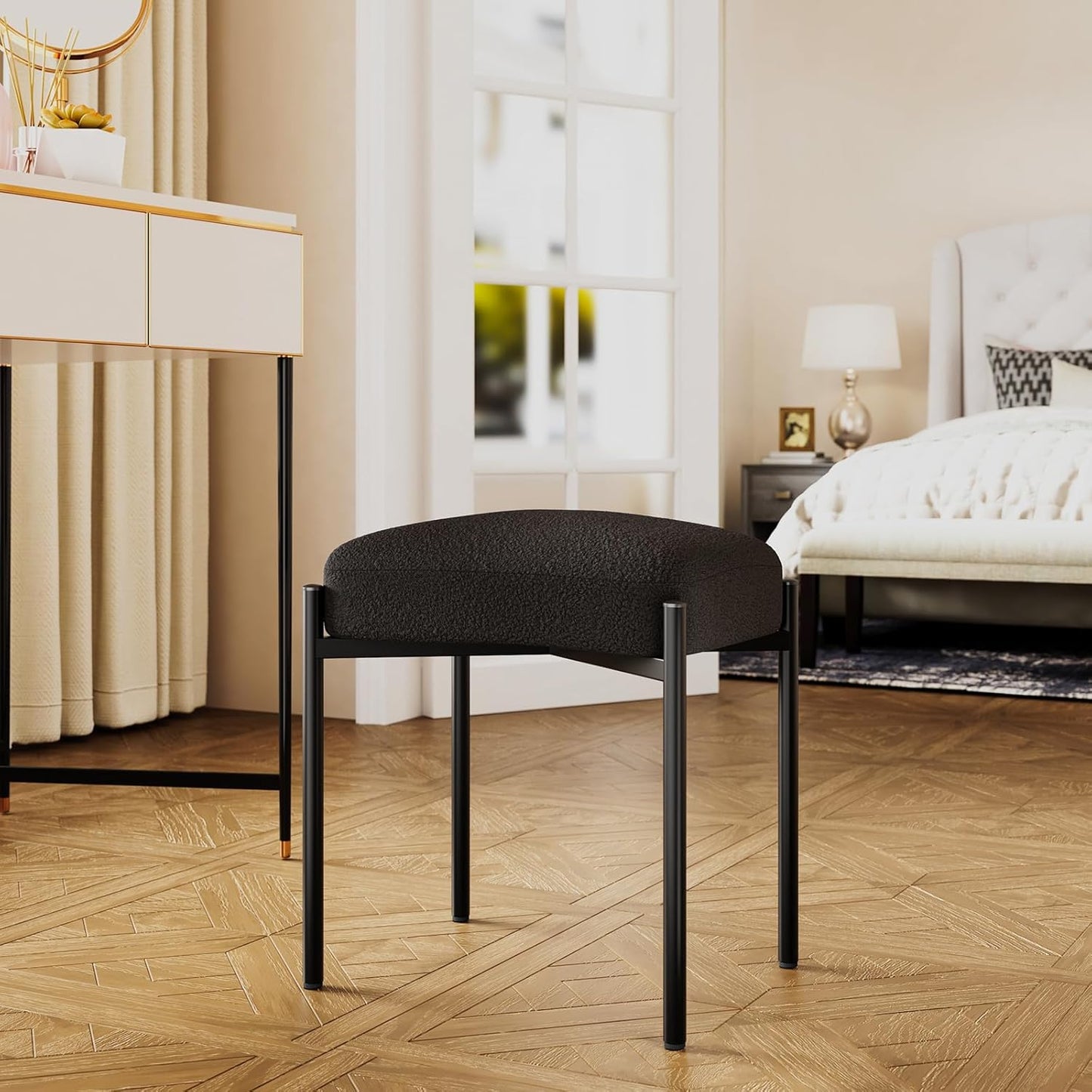 14.57" D11.42" W18.11" UHBD034B YMYNY Vanity Stool, Footrest, Square Ottoman Bench with Metal Legs, Makeup Dressing