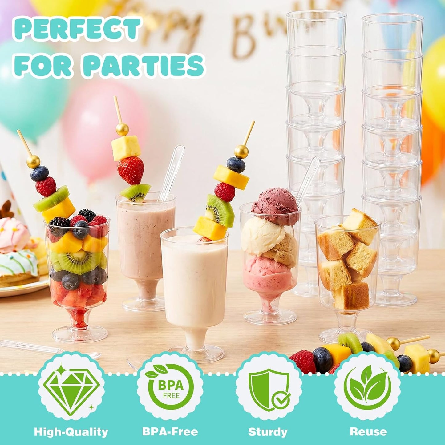 220 4 oz Pcs Mini Dessert Cups with Spoons and Bamboo Skewers, Round Clear Plastic Parfait Shooter Cups for Parties