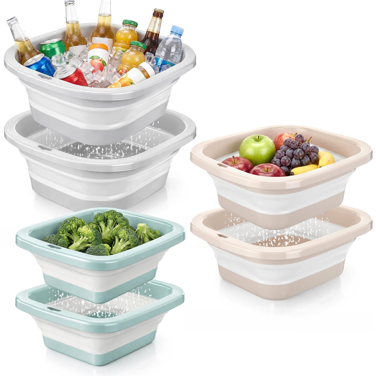 Singhoow 3 Set Collapsible Colander and Sink Basin 2-4-8 Qt Dish Pan and Strainer Set with Drain Holes 2-in-1 Foldable Fruit Vegetable Washing Basket for Kitchen Camping Travel (Green, Pink, Gray)