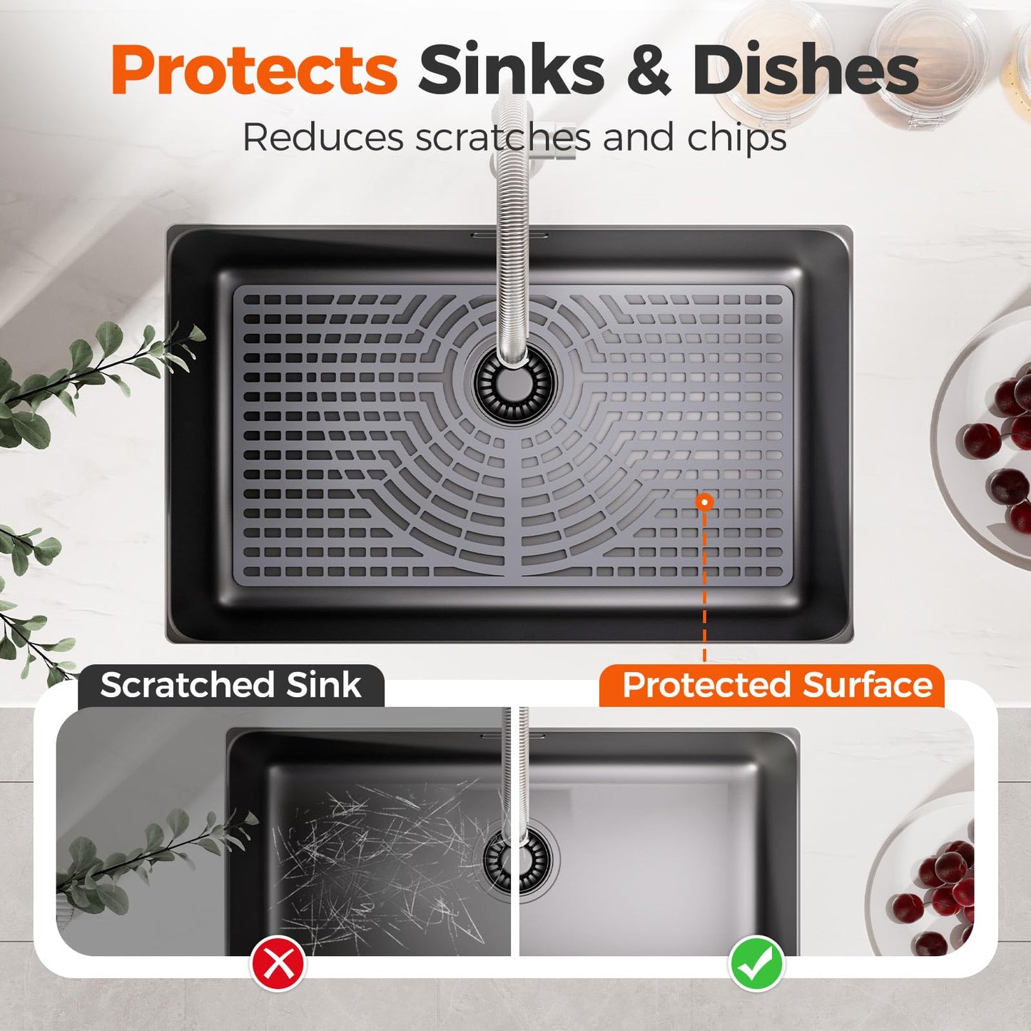 Snuggery Silicone Sink Protector 30"x16" Rear Drain Hole, Heat Resistant Non-slip Dishwasher Suitable, Large Sink Mat for Bottom of Farmhouse Kitchen Stainless Steel Sinks