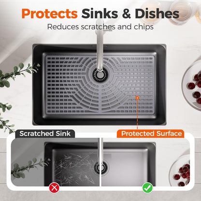 Snuggery Silicone Sink Protector 30"x16" Rear Drain Hole, Heat Resistant Non-slip Dishwasher Suitable, Large Sink Mat for Bottom of Farmhouse Kitchen Stainless Steel Sinks
