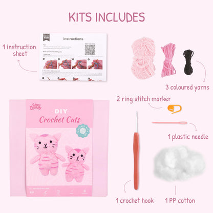 HOUSE CREATIVITY Cat Crochet Kit for Beginners – Make a Variety of Adorable Kittens, Amigurumi Crochet Starter Kit with Yarn, Eyes & Step-by-Step Video Tutorial, DIY Craft for Cat Lovers