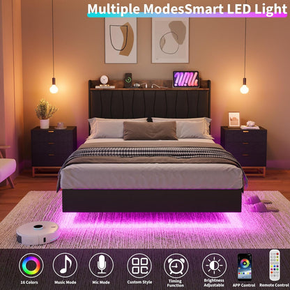 COZONY Modern Floating King Bed Frame with LED Lights, USB Charging Station, Upholstered Storage Headboard, Sturdy Wood Slats, No Box Spring Needed, Easy Assembly, Noise-Free, King-Black