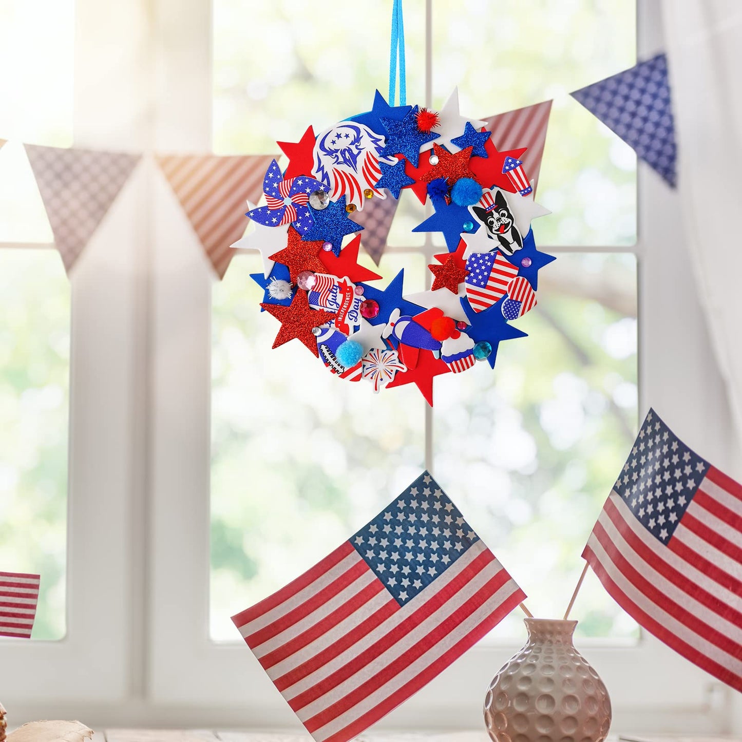 Winlyn 12 Sets 4th of July Craft Kits Patriotic Crafts DIY Patriotic Wreath Signs Ornaments Decorations Art Sets Red White Blue Star USA Flag Pinwheel Foam Stickers Arts and Crafts for Kids Activities