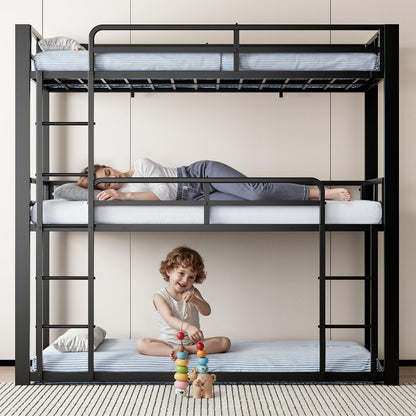 Mixcous Metal Triple Bunk Bed, Twin Over Twin Over Twin Heavy Duty Bunkbeds, Full-Length Guardrail Family-Friendly for All Ages, Bedroom, No Box Spring Needed, Easy Assembly, Black