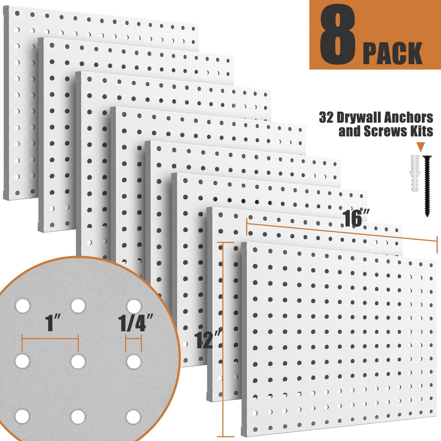 PBHEPJ 8 Pcs Metal Pegboard Panels, Heavy Duty Peg Boards for Garage and Garden Tool Storage, Includes Drywall Anchors and Screws Kits, White (8 pcs 16in x 12in)