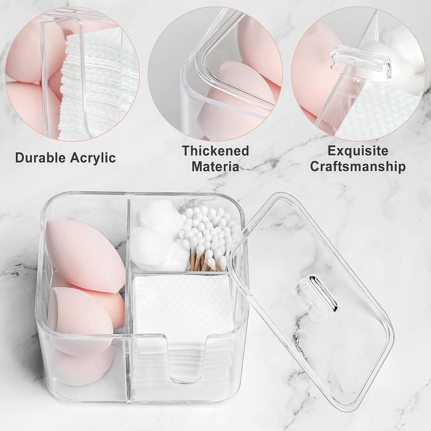 Qtip Holder - Clear Acrylic Cosmetic Items Storage Dispenser for Bathroom Vanity Countertop, 4 Compartments