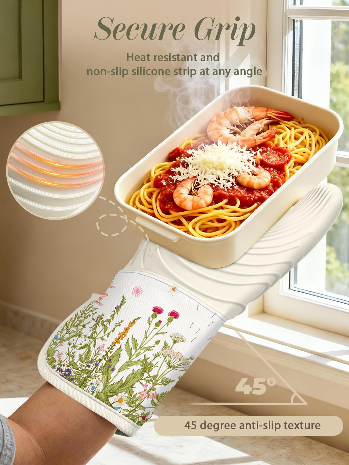 Slohif Long Silicone Oven Mitts Heat Resistant for Women - 2 Pcs Flowers 100% Cotton Oven Gloves, Non-Slip and Waterproof Silicone Oven Mitts with Hanger for Baking and Cooking