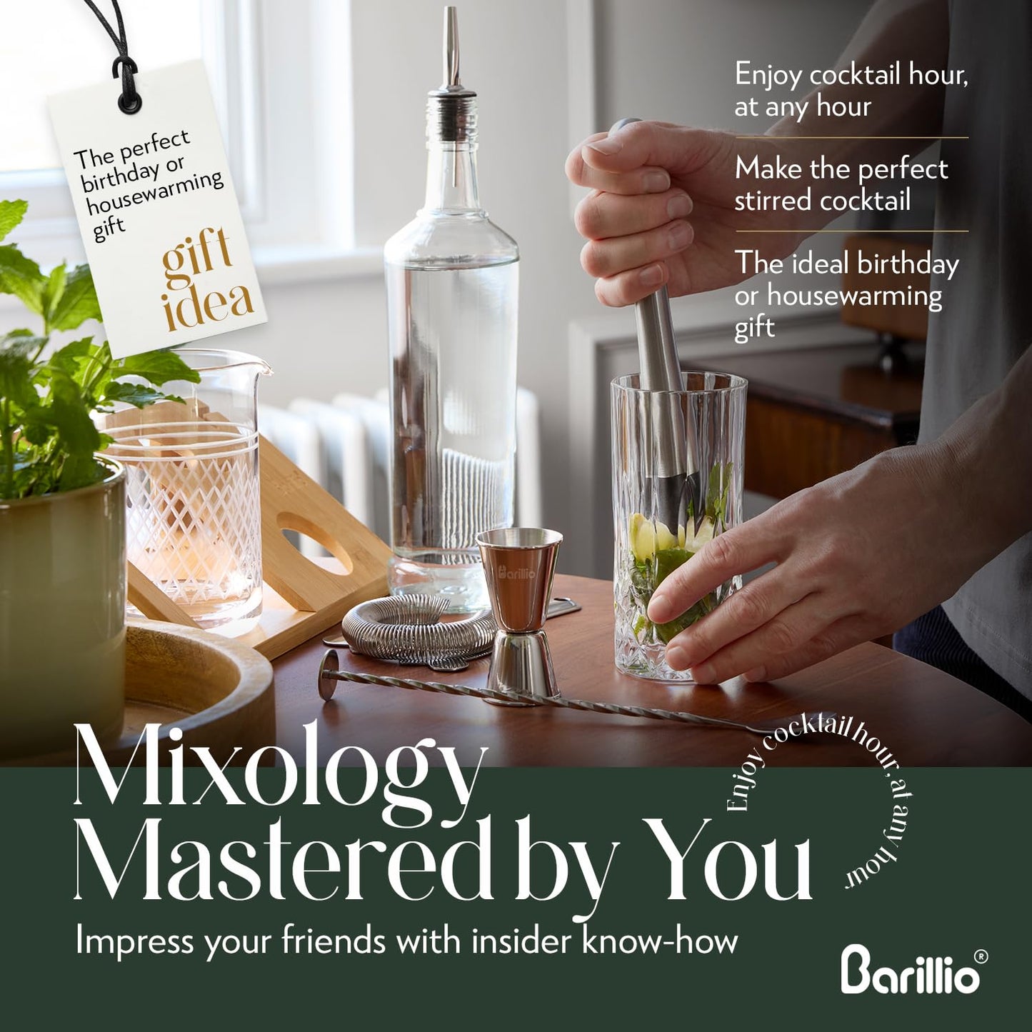 Barillio 20 Oz Crystal Cocktail Mixing Glass with Bamboo Stand & Bar Tools | Seamless Lead-Free Crystal, Weighted Base Stirring Pitcher | Including Muddler, Mixing Spoon, Jigger and Strainer