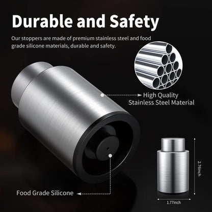 [2 PACK]Wine Bottle Stoppers，2-in-1 Vacuum Wine Stopper，1 Stainless Steel (Silver) and 1 ABS(Black) Wine Savers, Reusable Wine Preserver, Vacuum Pump Corks Keep Wine Fresh, Best Gift Accessories.