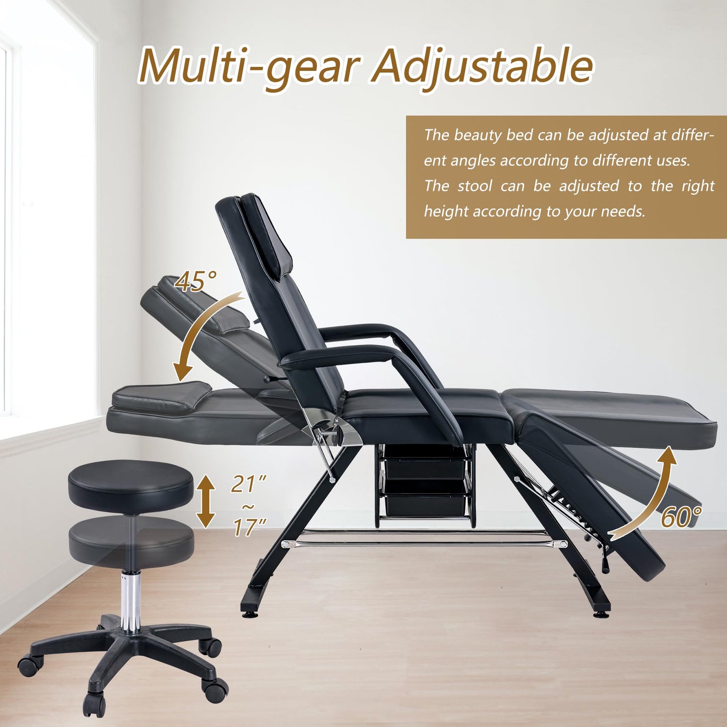 Massage Salon Tattoo Chair with Two Trays Esthetician Bed with Hydraulic Stool,Multi-Purpose 3-Section Facial Bed Table, Adjustable Beauty Barber Spa Beauty Equipment (Black)