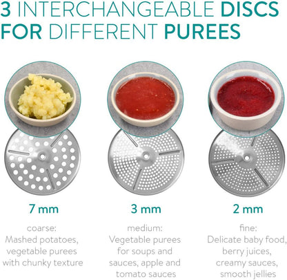 Navaris Food Mill, 8.1" Stainless Steel Rotary with Hand Crank and 3 Grinding Discs for Tomato Sauce, Mashed Potatoes