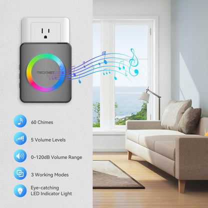 TECKNET Wireless Doorbell, Door Bell 0-120dB, 1300 ft Wireless Range, IP65 Waterproof Classroom Doorbells, 60 Chimes & 5 Volume Levels, RGB Light for Home Kid Room Office Hearing Impaired