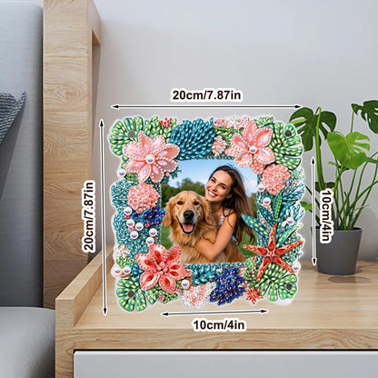 AIRDEA 5D Diamond Art Painting Desktop Photo Frame Ornament Flowers Butterfly Special Shape Diamond Dots Frame Kits for Adults,8x8in/20x20cm (Green Pink Blue)