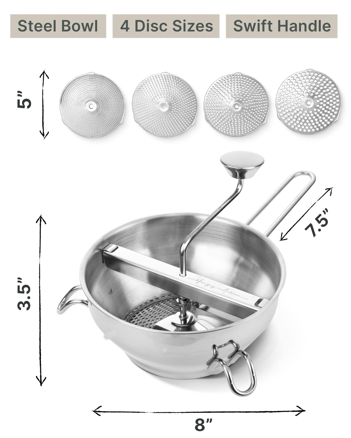 Premium 4-Disc Stainless Steel Food Mill – Ergonomic Rotary Hand Crank for Tomato Sauce, Canning, Applesauce, Baby Food, Mashed Potatoes, Puree & Jams
