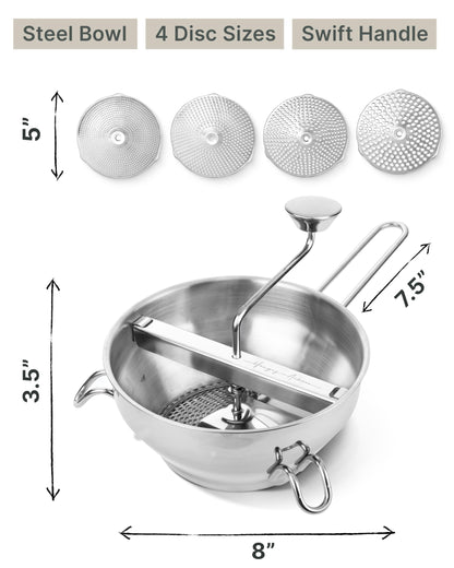 Premium 4-Disc Stainless Steel Food Mill – Ergonomic Rotary Hand Crank for Tomato Sauce, Canning, Applesauce, Baby Food, Mashed Potatoes, Puree & Jams