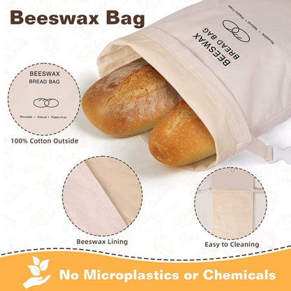2 Pack Beeswax Bread Bag for Sourdough, Reusable Beewax Bread Bags, Organic Cotton Sourdough Bread Bags for Homemade, Keep Bread Fresh, Freezing Safe with Cleaning Brush-Care