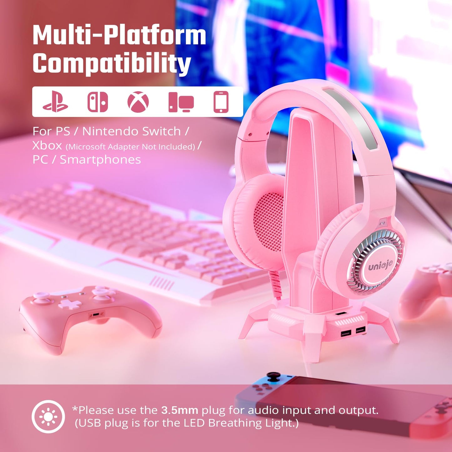 UNIOJO Pink Gaming Headset Noise-Canceling Mic, Wired Over-Cat Ear Headphones, Surround Sound, LED Breathing Light, Memory Foam Ear Pads, for Xbox Series, PS5, PS4, Switch, PC, Mobile