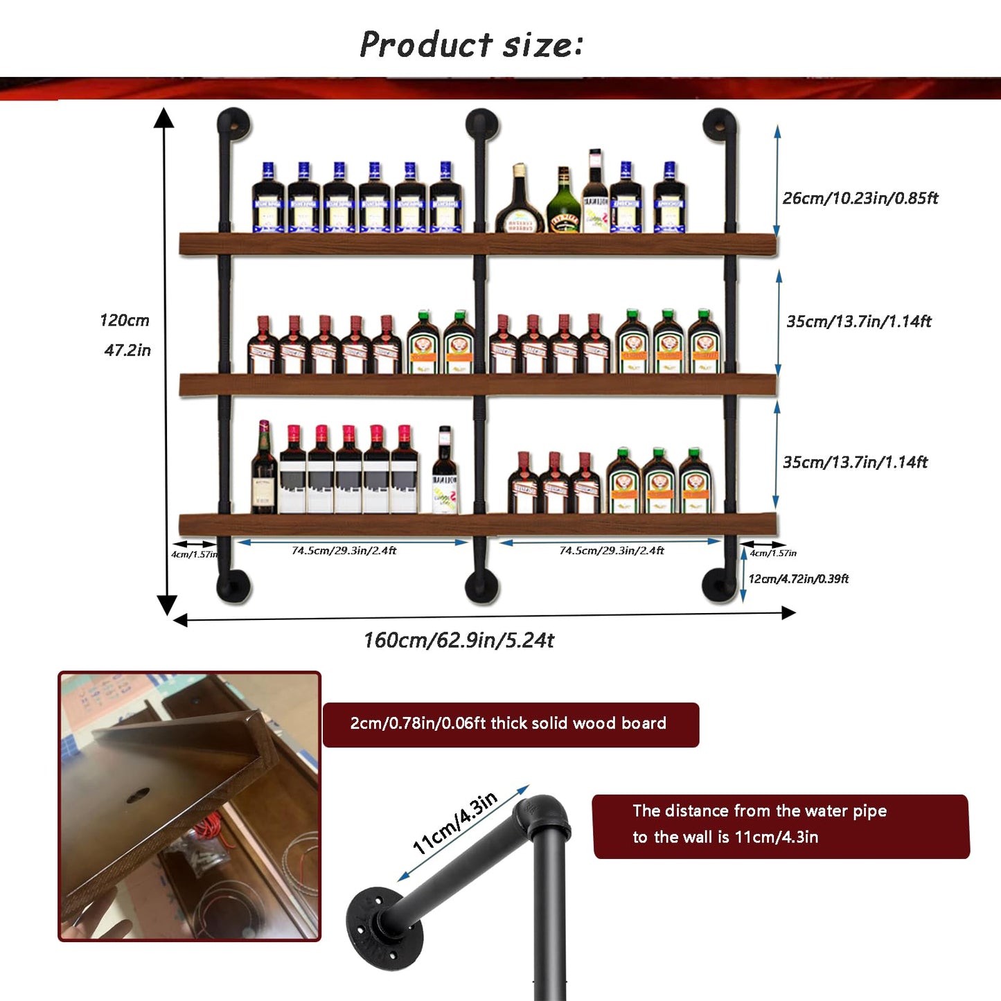 Dawselod 62.9in Large Wine Rack with LED Light Solid Wood Wall Mounted Wine Rack, 3-Tiers Liquor Bottles Floating Shelves Display Storage Organizer for Home Bar & Dining Room (160cm/62.9in)