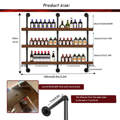 Dawselod 62.9in Large Wine Rack with LED Light Solid Wood Wall Mounted Wine Rack, 3-Tiers Liquor Bottles Floating Shelves Display Storage Organizer for Home Bar & Dining Room (160cm/62.9in)