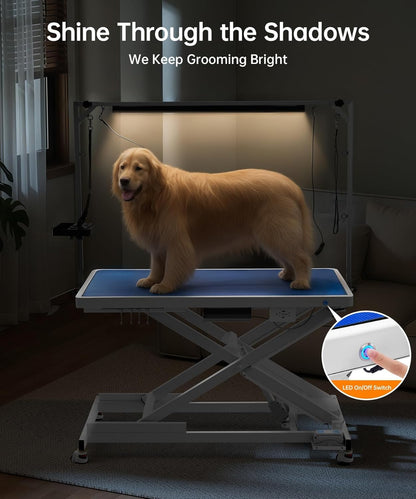 POLIMO LED Professional Electric Dog Grooming Table - 50" Heavy Duty Dog Grooming Station with LED, Button & Foot Control, Grooming Arm, Leveling Wheels, Anti-Slip Top & Tool Organizer (50", White)
