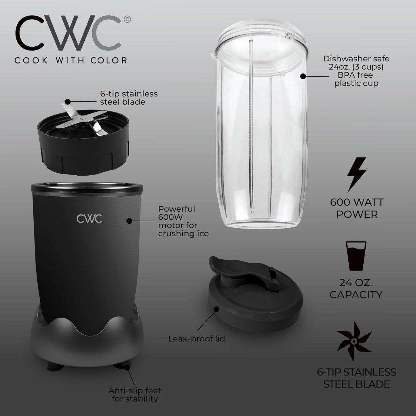 COOK WITH COLOR Personal Power Blender 600W, 24oz Capacity, BPA-Free Jar, Ice-Crushing Blades for Smoothies & More,
