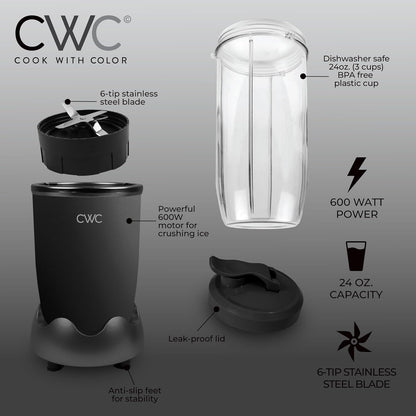 COOK WITH COLOR Personal Power Blender 600W, 24oz Capacity, BPA-Free Jar, Ice-Crushing Blades for Smoothies & More,