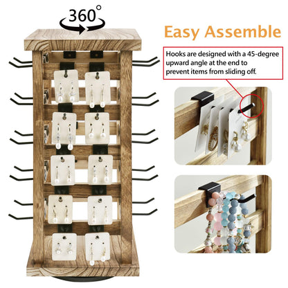 Ikee Design Wood Rotating Jewelry Display, Removable 42 Hooks Earring Display Stand, 5 Bars Earring Organizer Stand, Oak Color