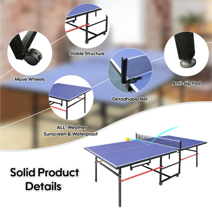 8FT Table Tennis Table with Net, Indoor/Outdoor Professional Ping Pong Table for Kids Adults, Folding Ping Pong Table, Complete Set with Paddles and Balls, School Playground Game Table (Blue)