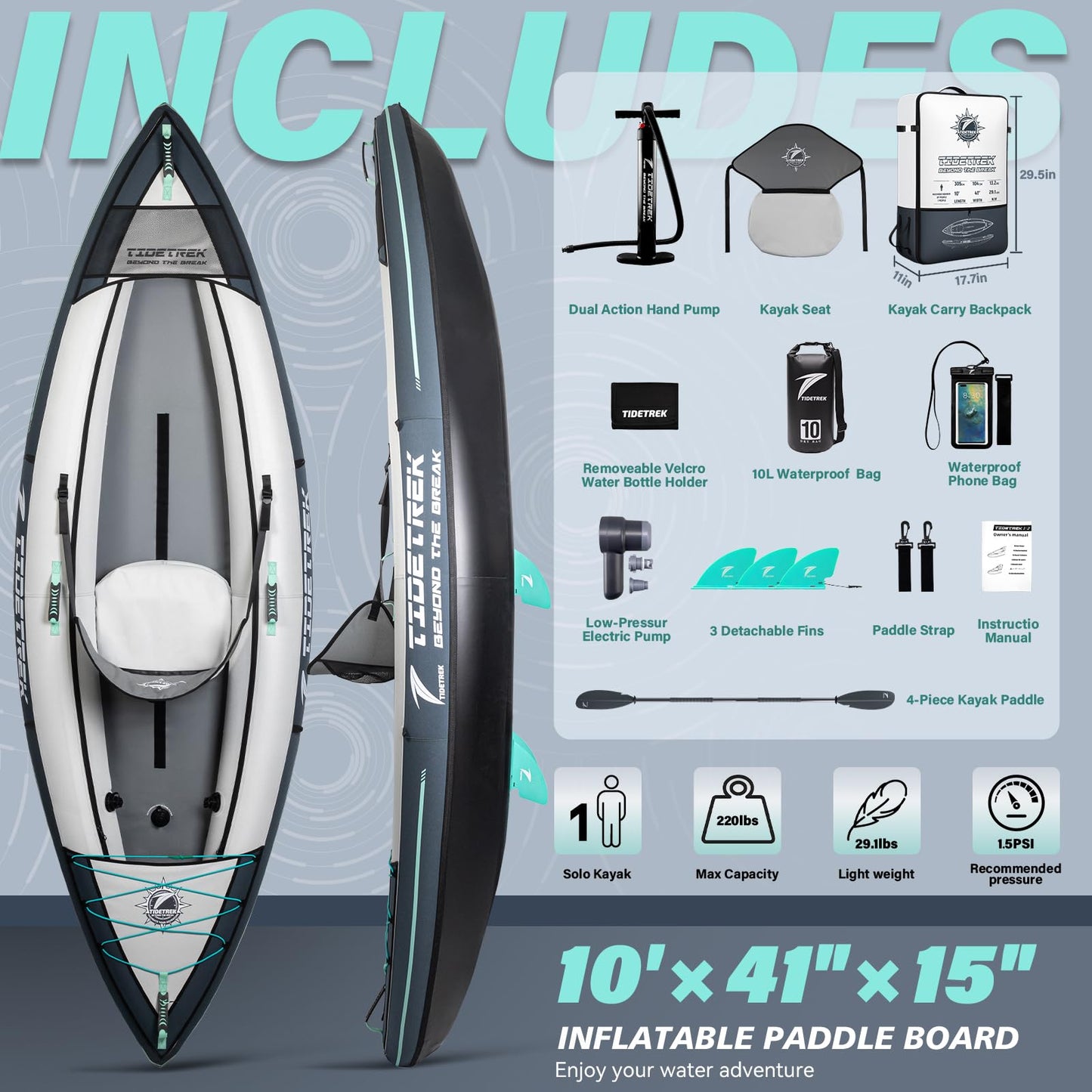 TIDETREK Inflatable Touring Kayak 1-Person & 2-Person with Waterproof Seat & Full Accessory Kit, Lightweight Recreational Kayak for Lake, River & Fishing (Storm Edge, 1-Person(Single))