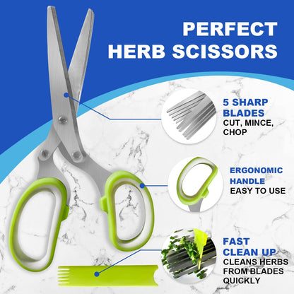 2 Pack Green Herb Scissors, Shallot Scissors, Multipurpose 5 Blade Kitchen Herb Shears, Herb Cutter with Safety Cover and Cleaning Comb for Chopping Shallot Basil Chive Parsley