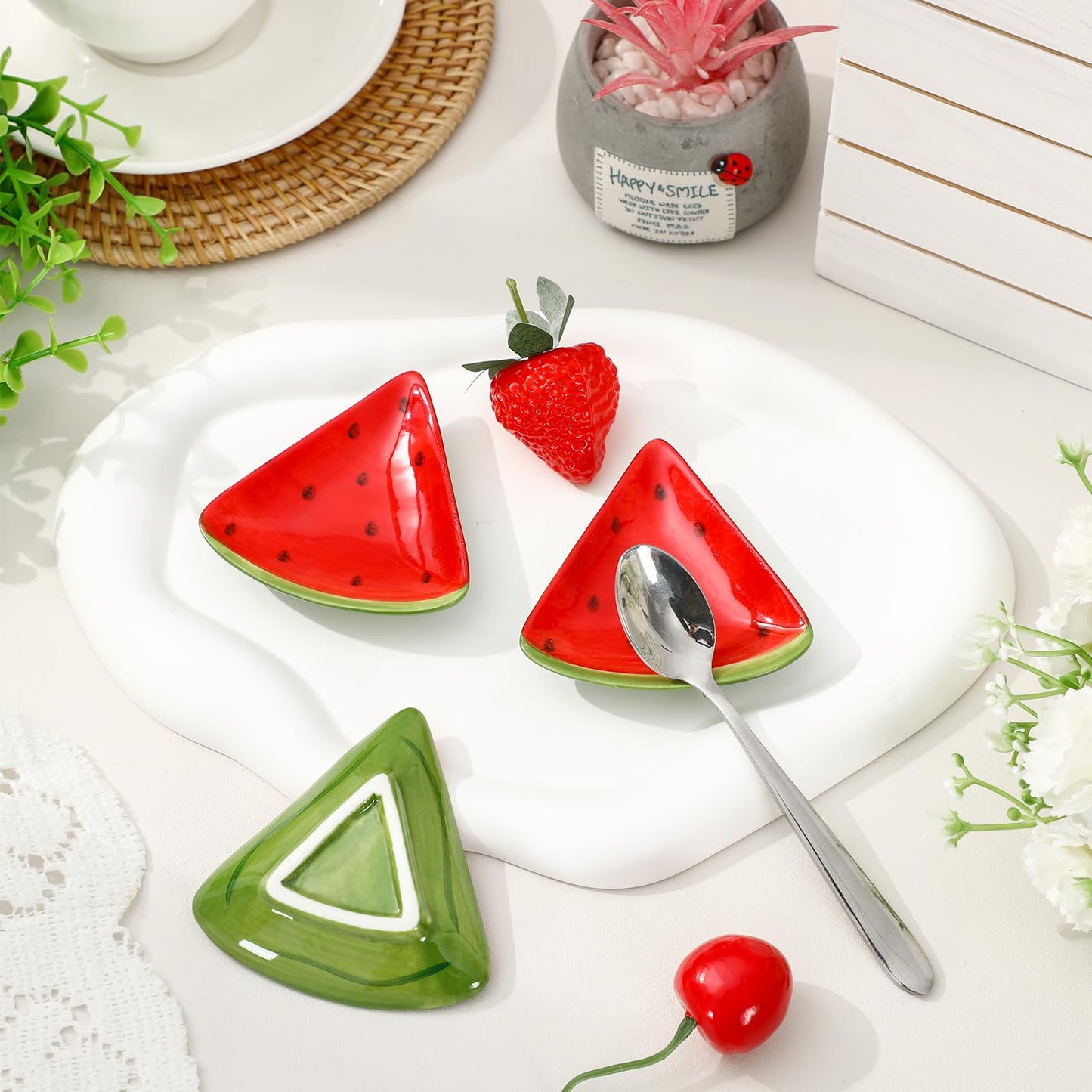 Whaline 4Pcs 2.4inch Watermelon Mini Ceramic Spoon Rest Red Green Watermelon Fruit Small Coffee Spoon Holder for Summer Home Coffee Station Bar Accessories