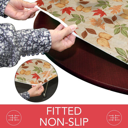 Deluxe Elastic Edged Flannel Backed Vinyl Fitted Table Cover - Large Round Oblong Oval - All-Over Leaves Pattern - Fits