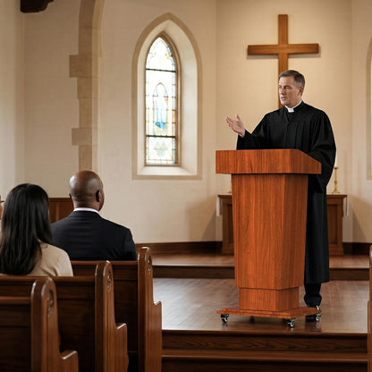 GARVIN Wooden Podium Stand with Wheels, 43"-55" Adjustable Height Podium Stand with Hand Crank, Wooden Pulpit for Churches with Storage Shelves&Cable Management Hole for Schools, Auditorium