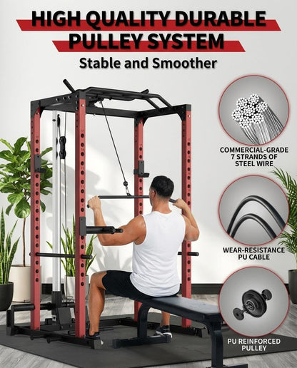 ExploreHorizon All-in-1 Power Cage with Pulley System, 1200LBS Multi-Functional Squat Rack for Home Gym, Weight Cage Includes LAT Pulldown, Dip Bars and More Attachments
