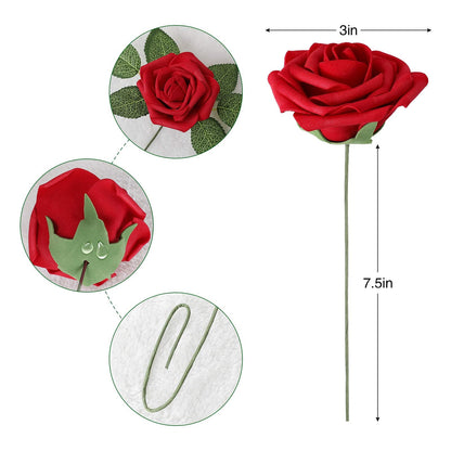 AmyHomie Artificial Flowers Dark Red Rose 25pcs Real Looking Fake Roses w/Stem for DIY Wedding Bouquets Centerpieces Arrangements Party Baby Shower Mothers Day Christmas Tree Decorations