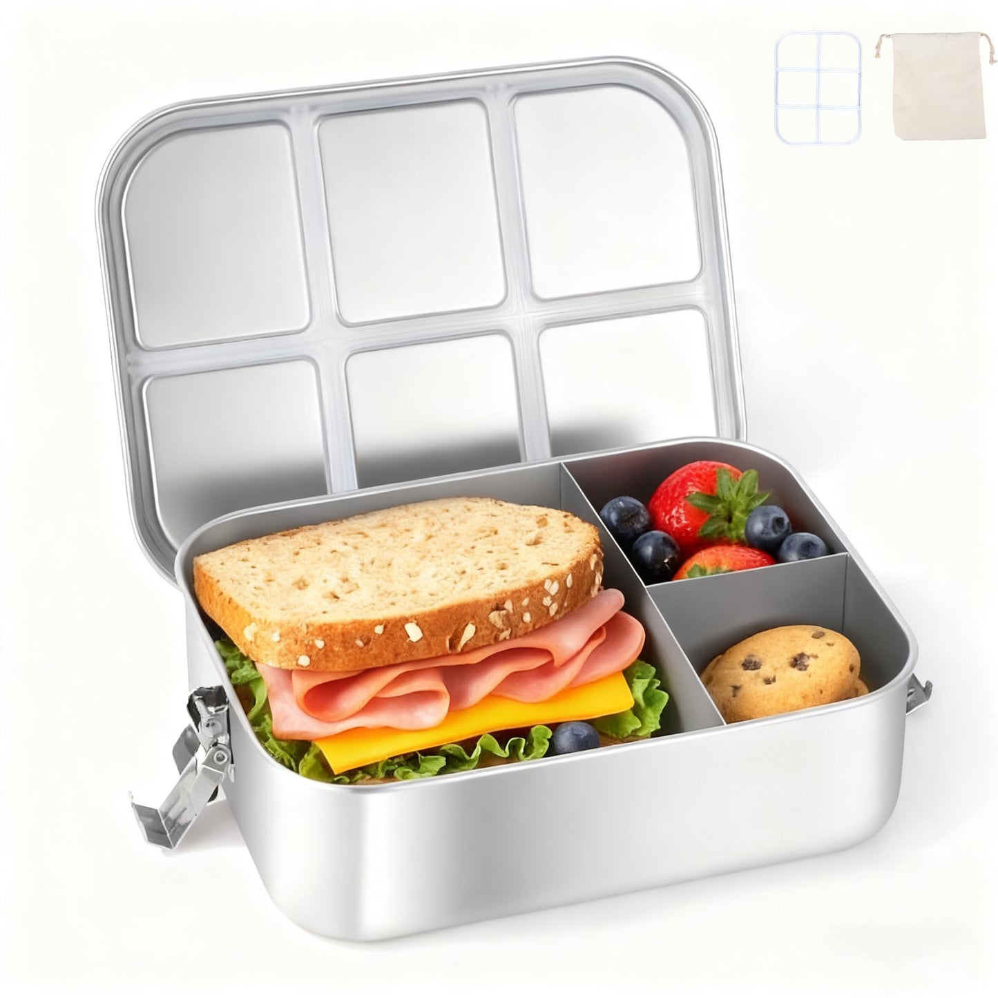 NAYELF Bento Box for Kids, 1.5L/50oz Stainless Steel Snack Containers with 3 Compartments, Lockable Clip Kids Lunch Box, Eco-Friendly, Leak-proof, Dishwasher-Safe for Home, School, Travel