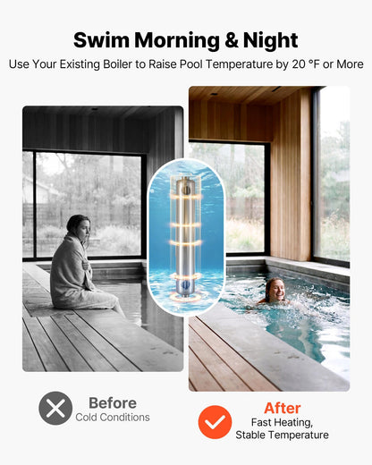 VEVOR Pool Heat Exchanger, 360K BTU Swimming Pool Heater Exchanger, 316L Stainless Steel Construction, High Efficiency Water to Water Transfer Heating System for Spa, Hot Tub, Indoor/Outdoor, Silver