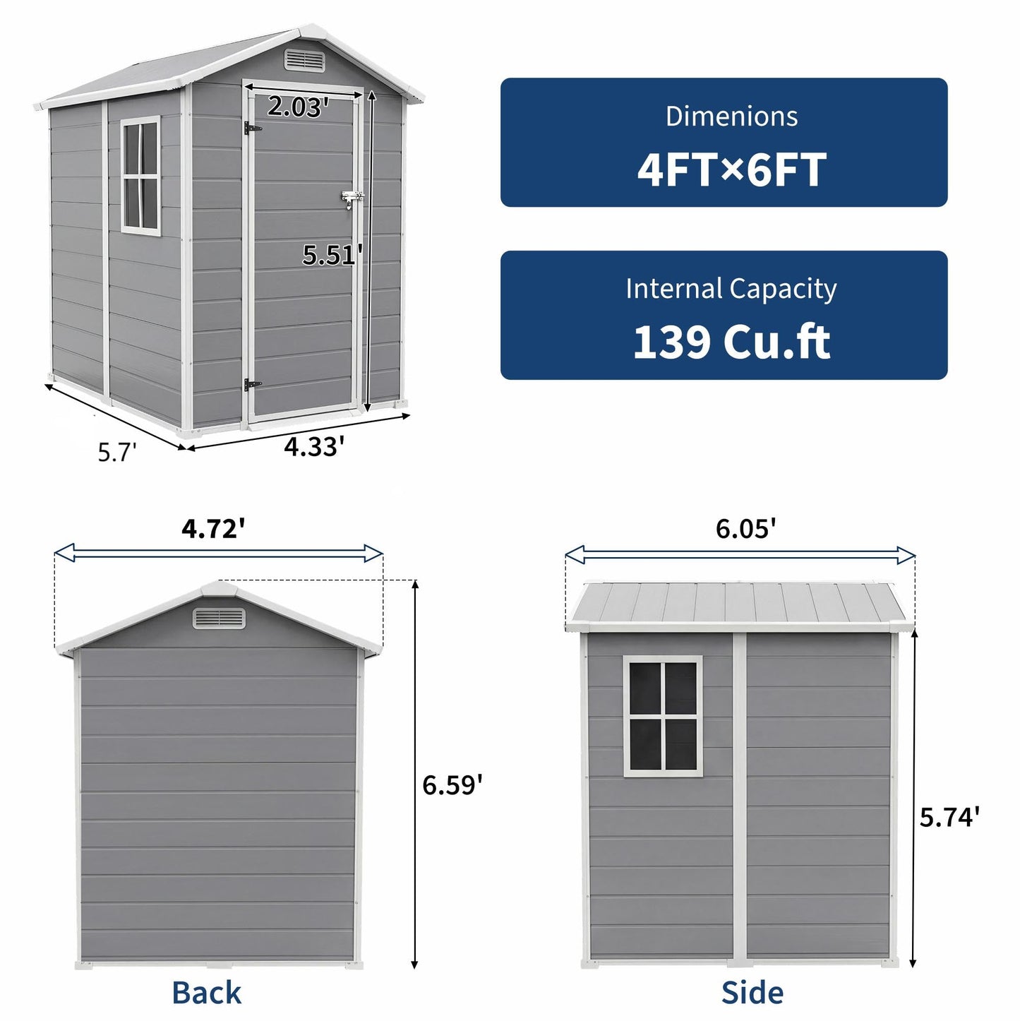 Outdoor Storage Shed with Floor, Plastic Resin Garden Shed with Window & Sloping Roof & Lockable Door for Patio Backyard Garden, Lawn Mower, Bike, Tool Storage (Light Gray, 4' x 6')